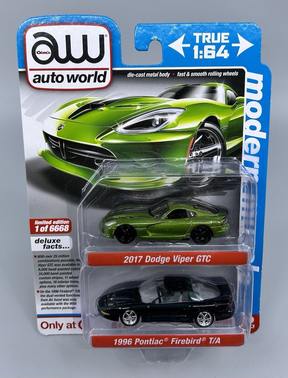 Auto World TARGET Exclusive Modern Muscle 2017 Dodge Viper 1996 Firebird 1:64